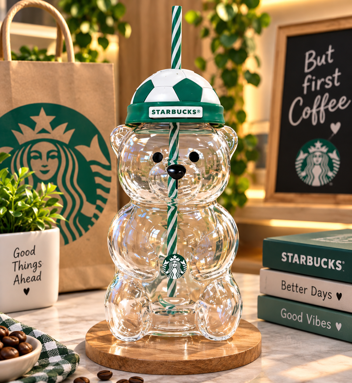 Starbucks World Cup Football Bearista Bear Glass Straw Cup – 20oz ⚽🧸