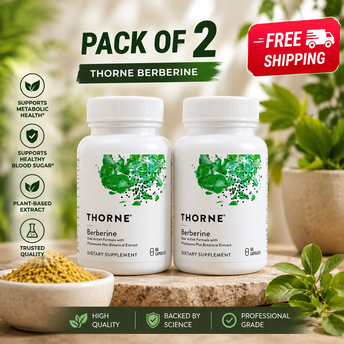 2 Pack Thorne Berberine 1,000 mg Per Serving – 500 mg Per Capsule, 60 Capsules Each