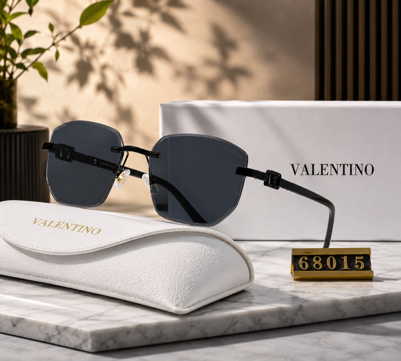 Valentino 68015 Rimless Square Sunglasses – Black Frame with Dark Gray Tinted Lenses
