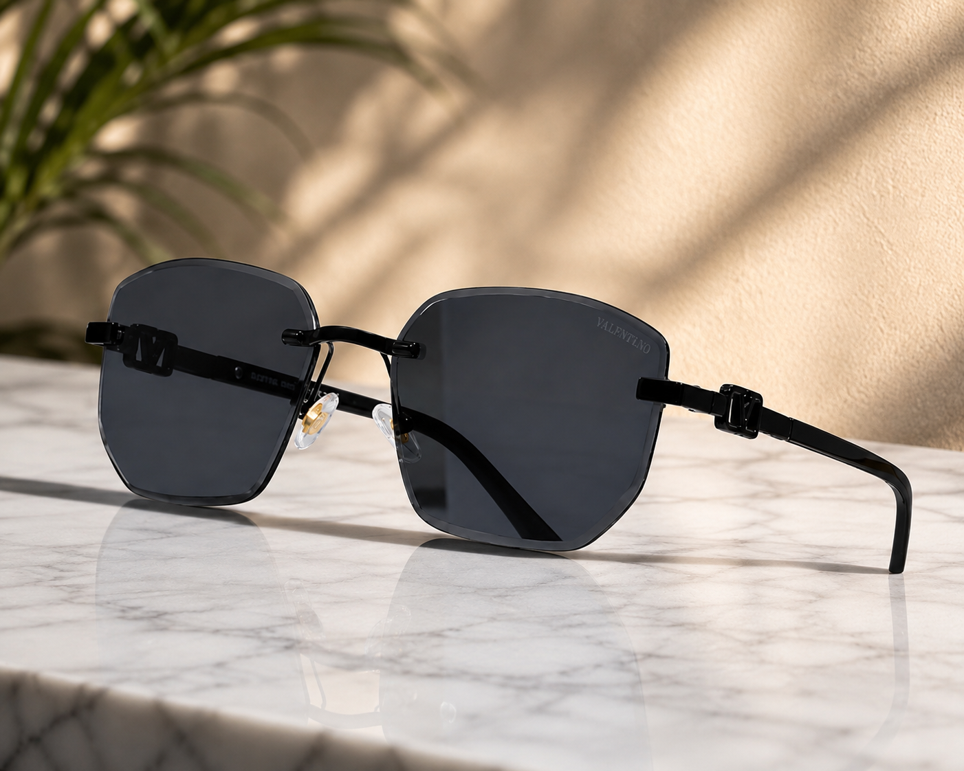 Valentino 68015 Rimless Square Sunglasses – Black Frame with Dark Gray Tinted Lenses