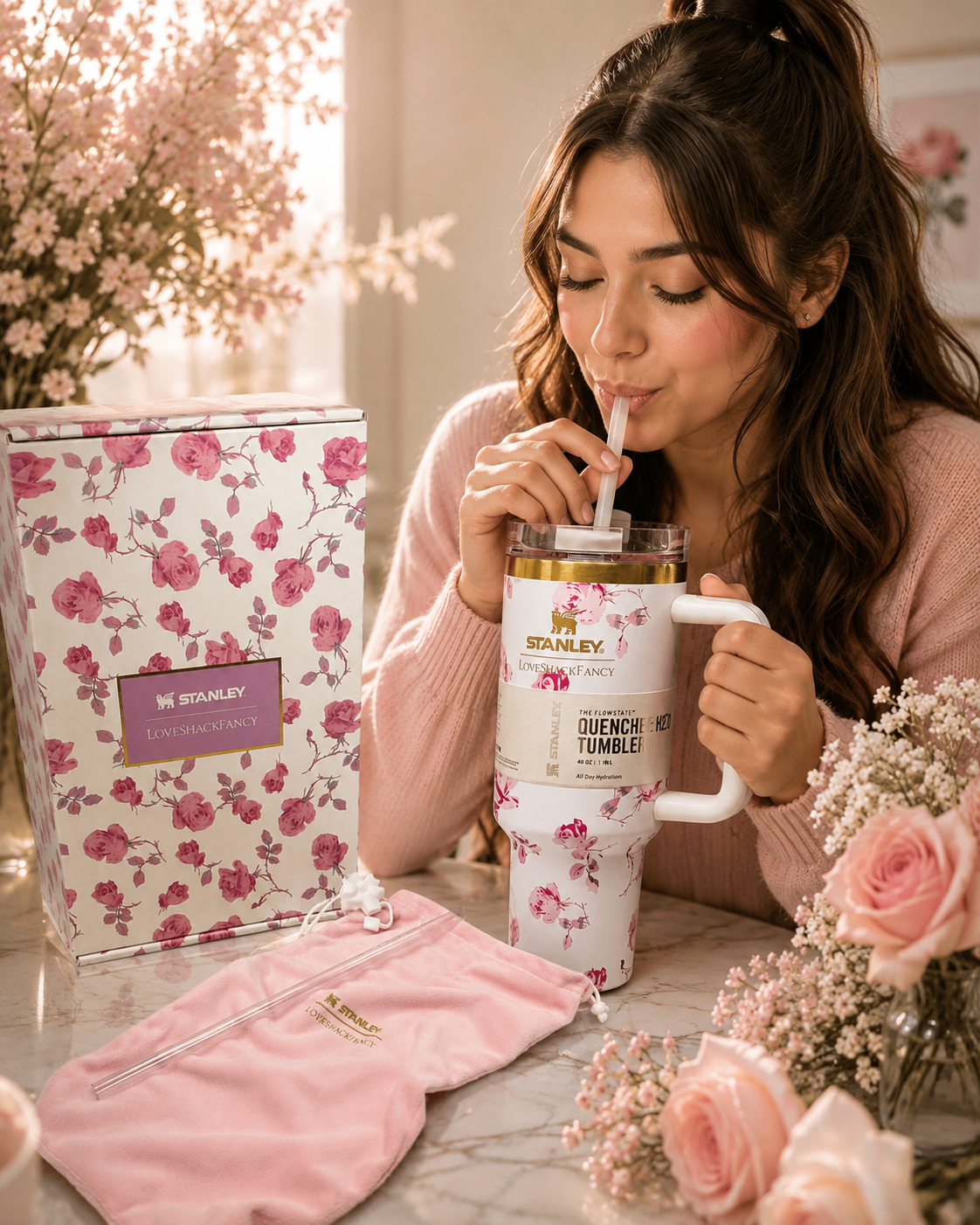 Stanley x LoveShackFancy 40 oz Ribbon Rosa FlowState H2.0 Tumbler – White & Pink