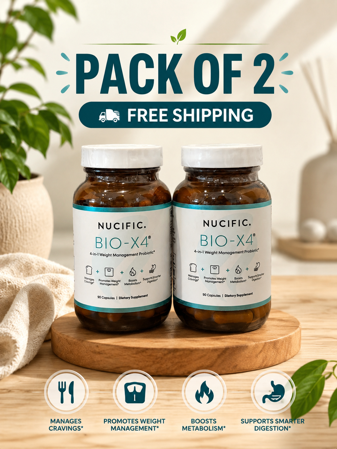 Nucific BIO-X4 Probiotic Dietary Supplement 180 Capsules – Pack of 2