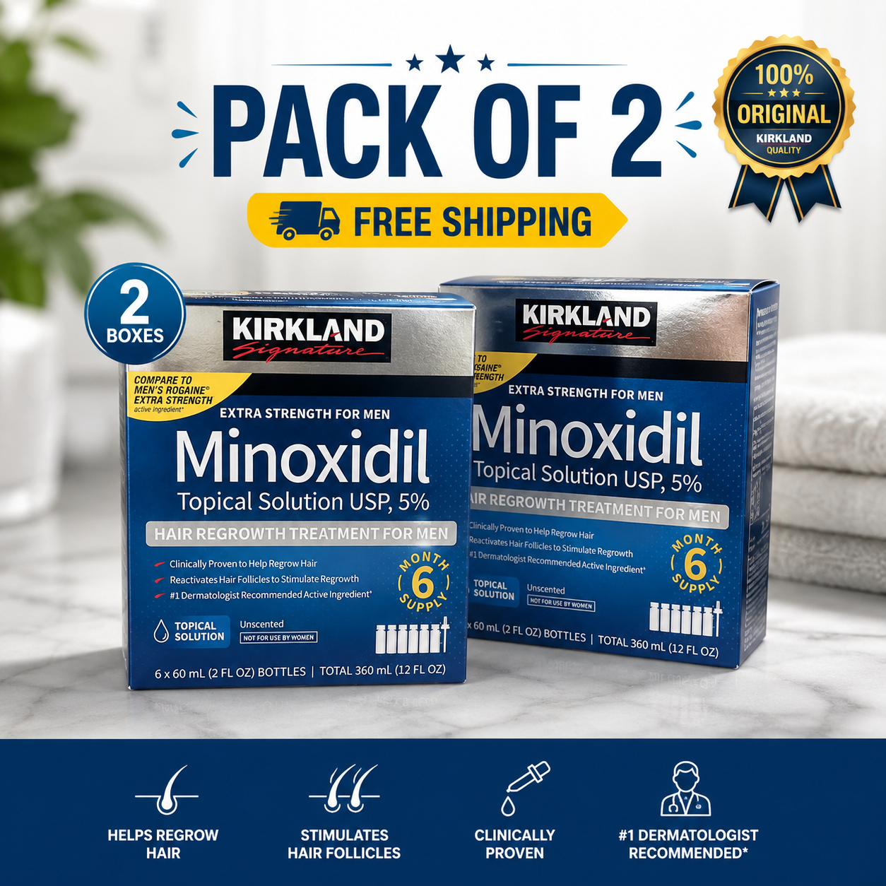 Kirkland Minoxidil 5% Extra Strength for Men – 6 Month Supply, 2 Pack