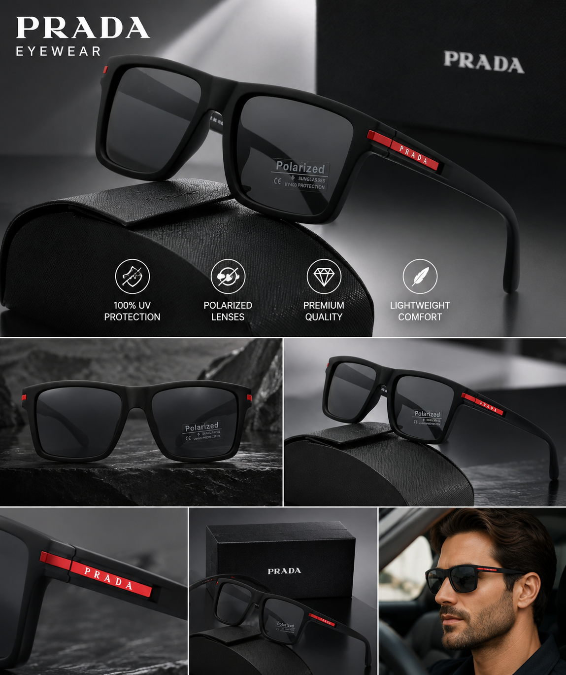 PRADA SPS 01T Women's Rectangle Sunglasses – Black Frame, Gray Tinted UV Lenses