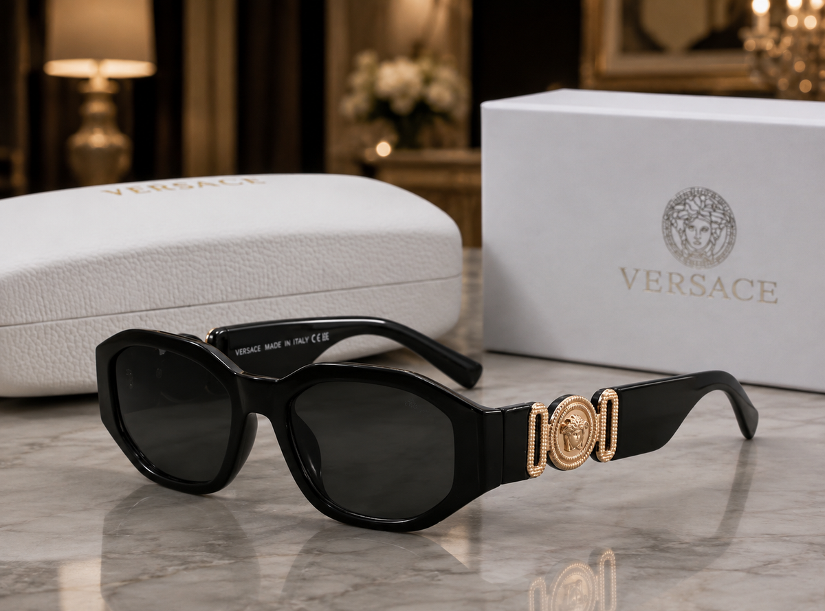 Versace Black Sunglasses with Gold-Tone Medusa Head Logo Temples
