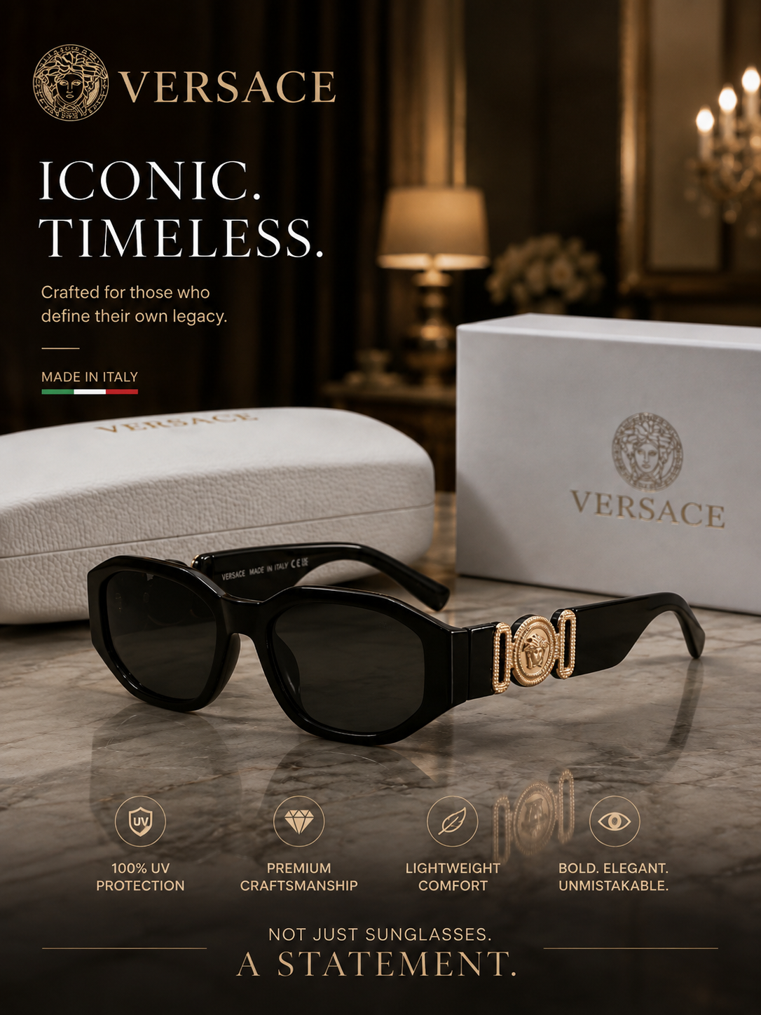 Versace Black Sunglasses with Gold-Tone Medusa Head Logo Temples