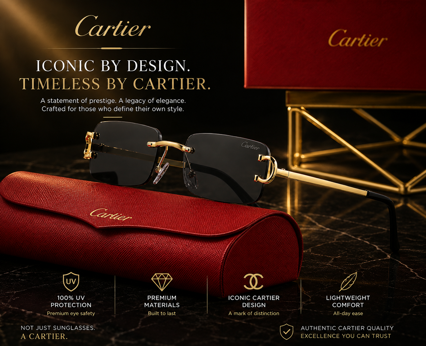 Cartier Rimless Rectangle Sunglasses – Gold Metal Frame, Black Tinted Lenses, UV400