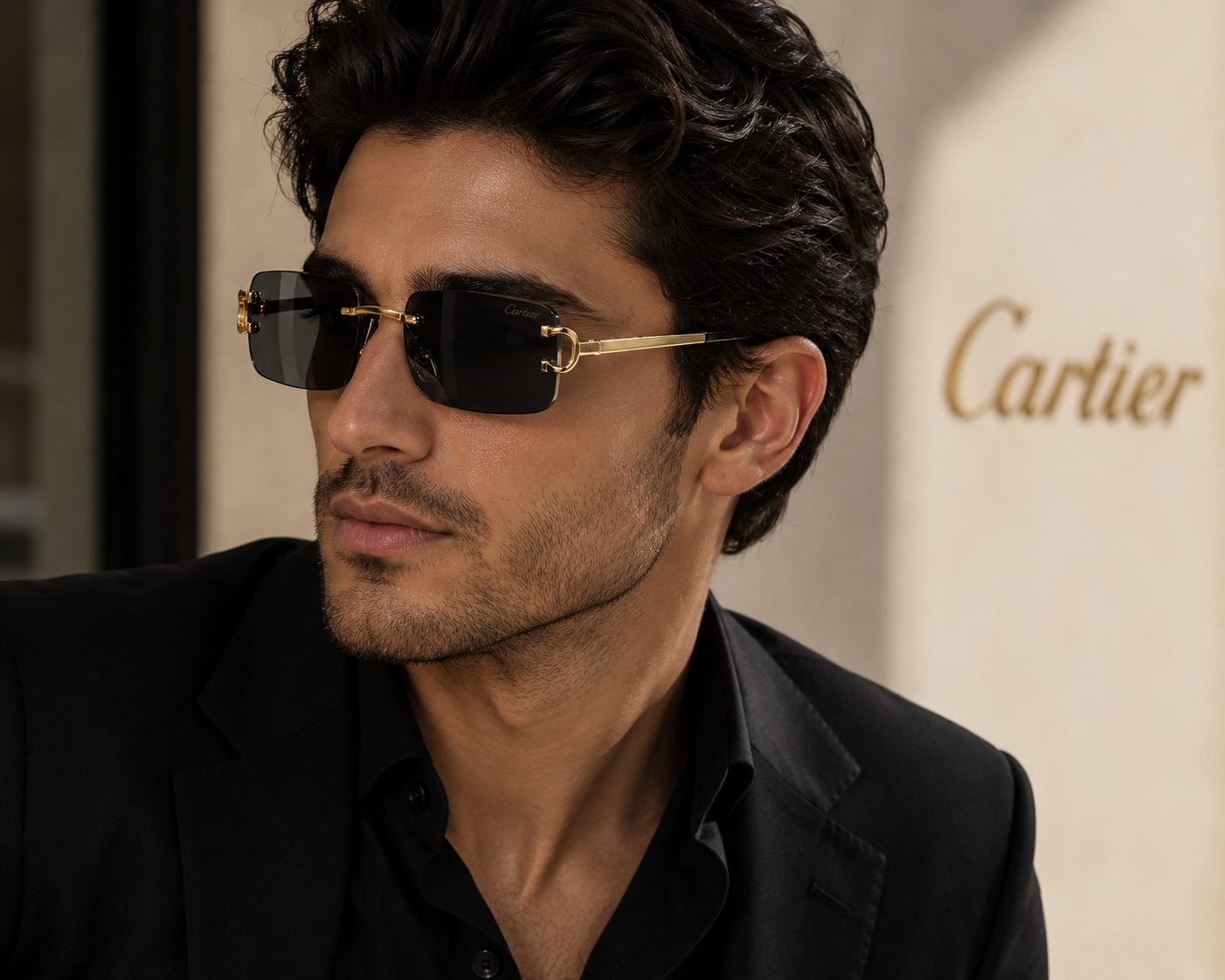 Cartier Rimless Rectangle Sunglasses – Gold Metal Frame, Black Tinted Lenses, UV400