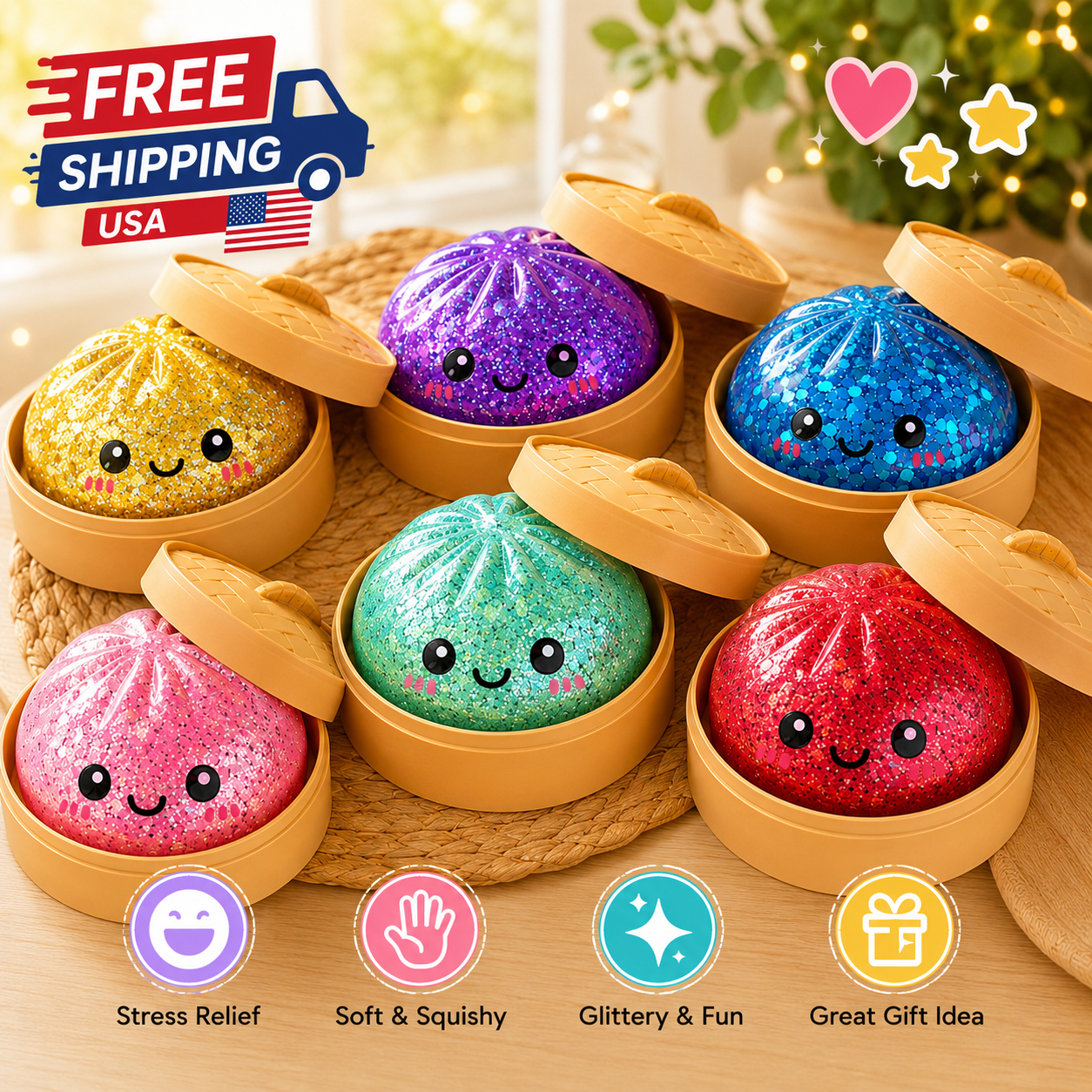 Squishy Dumpling Rainbow Squeeze Toy Glitter Bun Viral Fidget Toy Mystery Sensory Stress Relief Toy Surprise Gift for Kids Kawaii Desk Toy