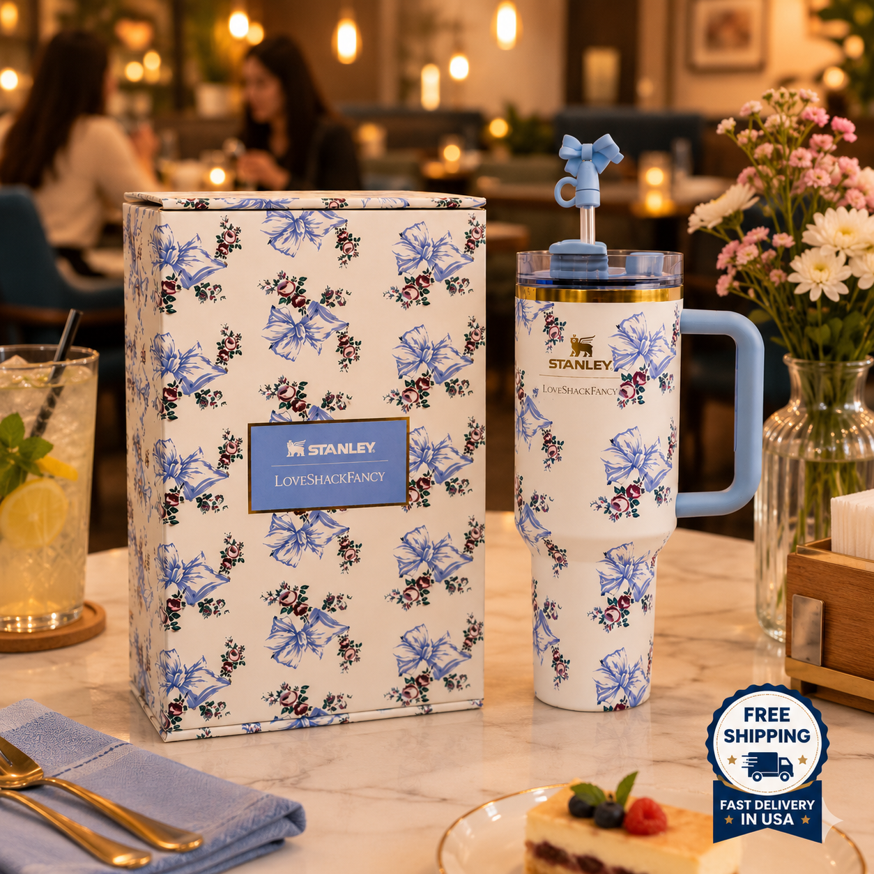 The Stanley X LoveShackFancy Holiday Quencher 40OZ Rosa Beaux Blue