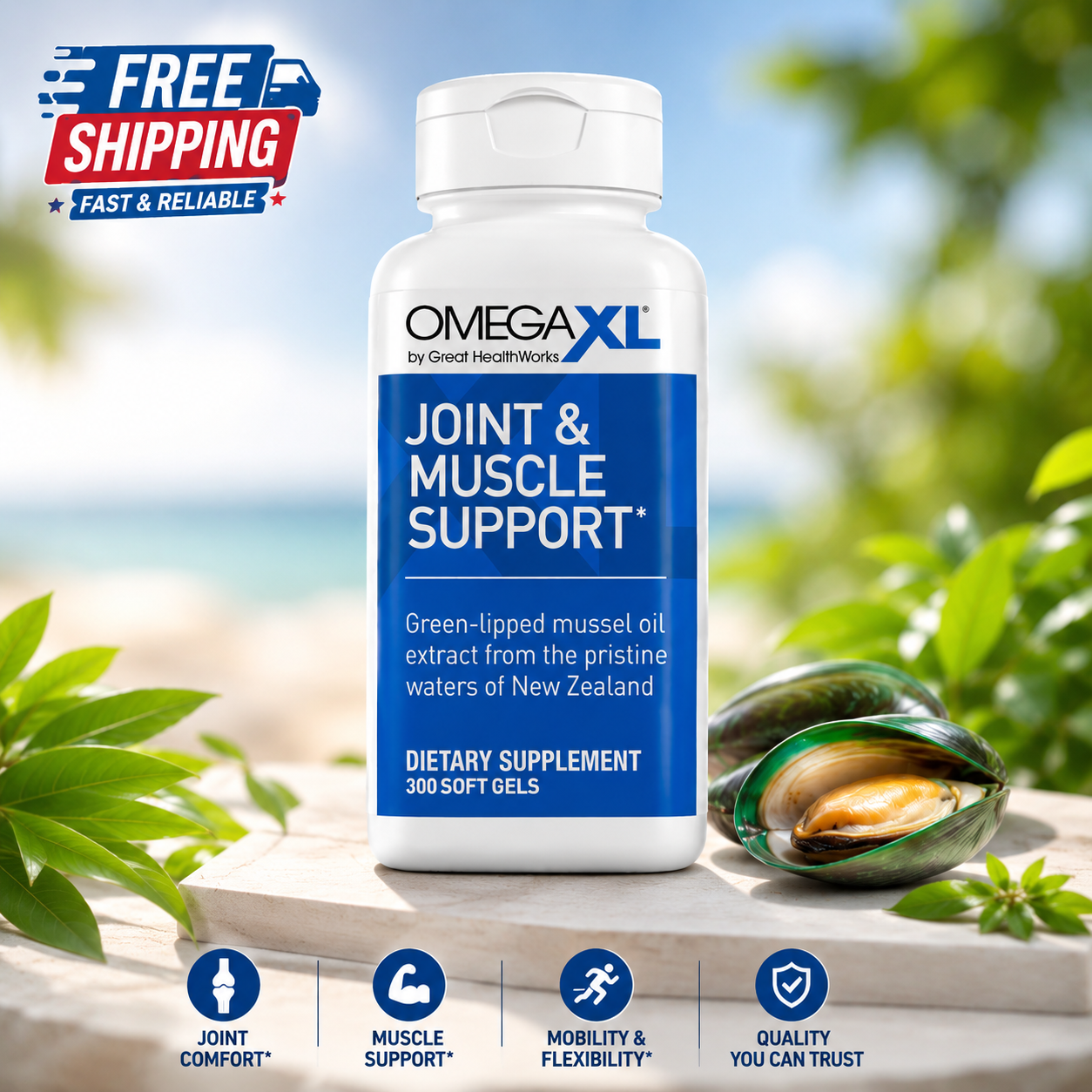 OmegaXL Joint Support Supplement - Natural Muscle Support, Green Lipped Mussel Oil, Soft Gel Pills, Drug-Free, 300 Count
