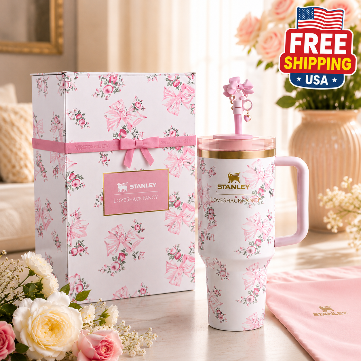Stanley x LoveShackFancy 40oz Tumbler, Pink Floral Bow Travel Cup