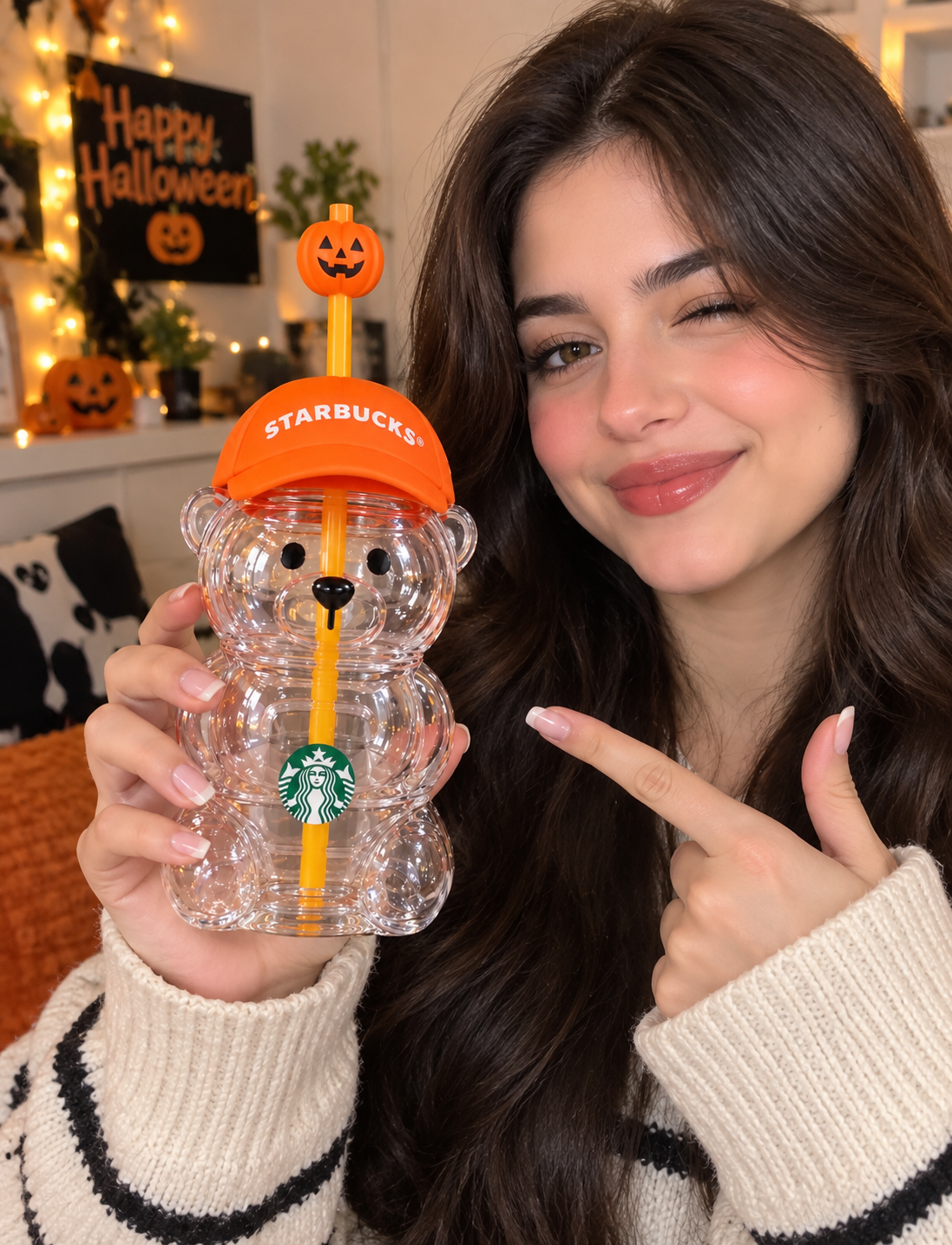 Starbucks Bearista Bear Halloween 20oz Glass Cup – Pumpkin Topper Baseball Cap 🎃🧸