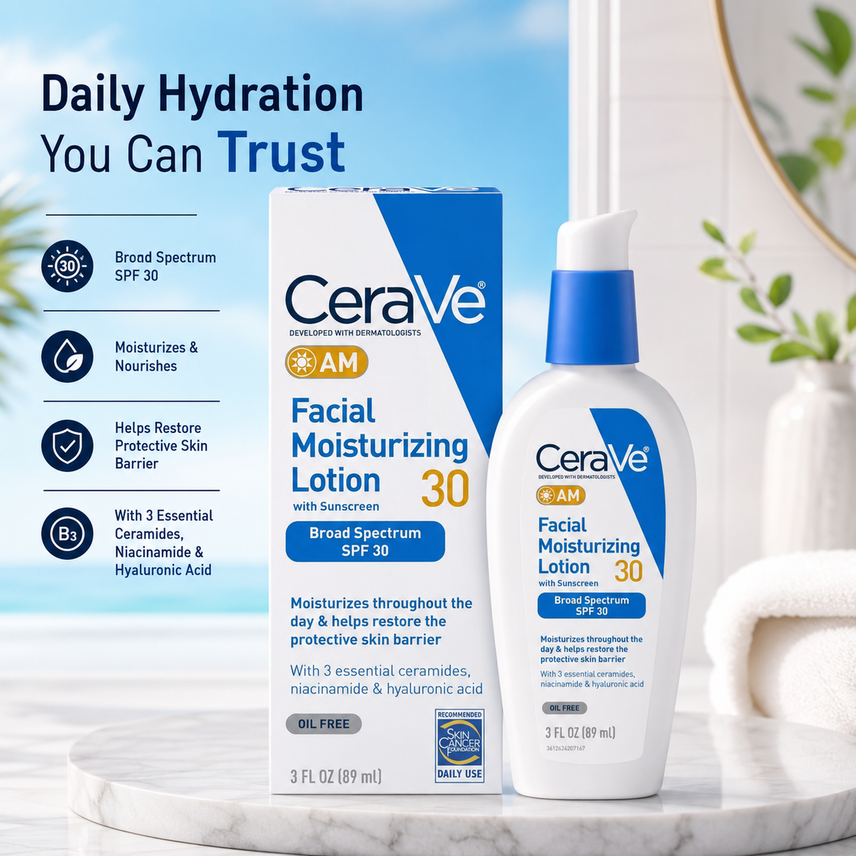 CeraVe AM Moisturizing Facial Lotion Protective Barrier AM SPF 30- 3 Oz