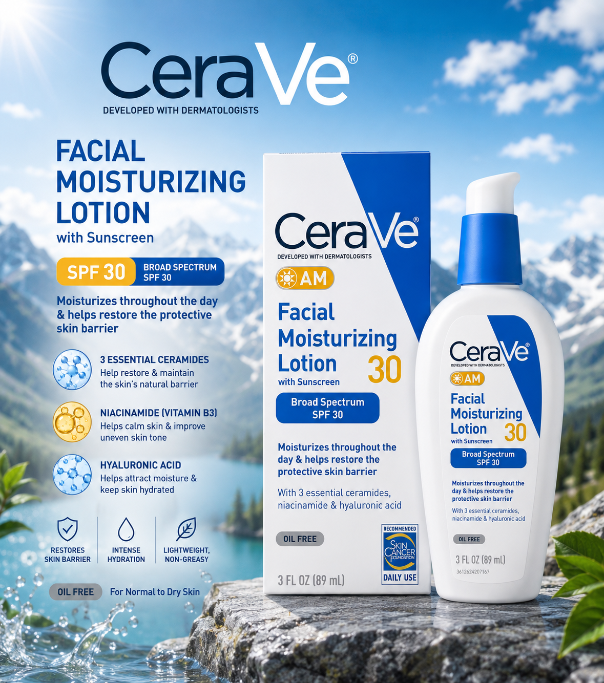 CeraVe AM Moisturizing Facial Lotion Protective Barrier AM SPF 30- 3 Oz
