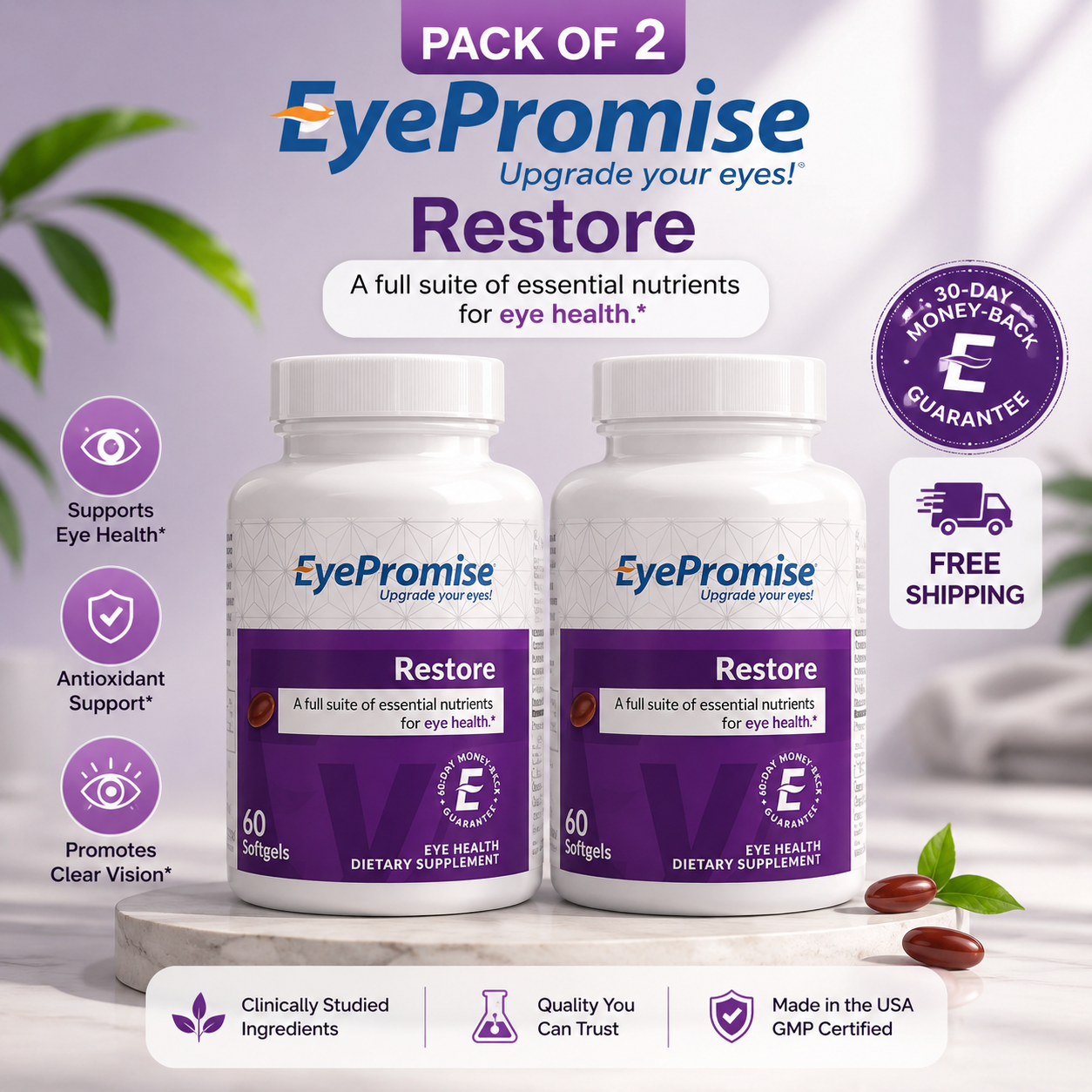 2 Pack EyePromise Restore Eye Supplement – 60 Softgels Each, Macular Health Formula