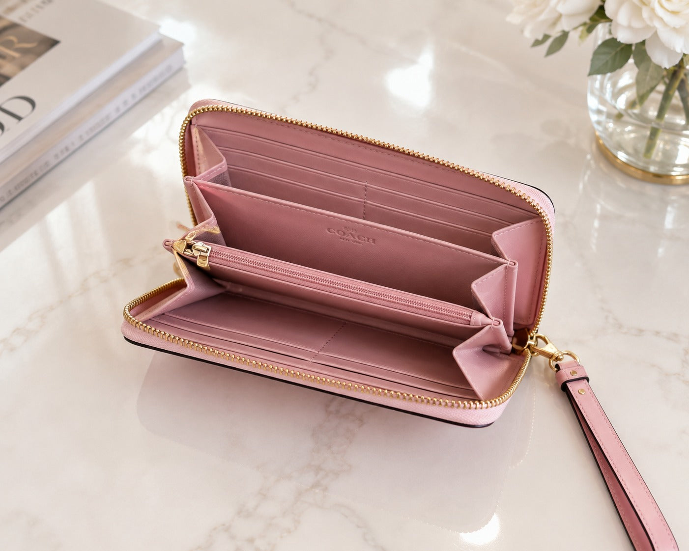 Coach Long Zip Around Wallet Signature Canvas Powder Pink Wristlet