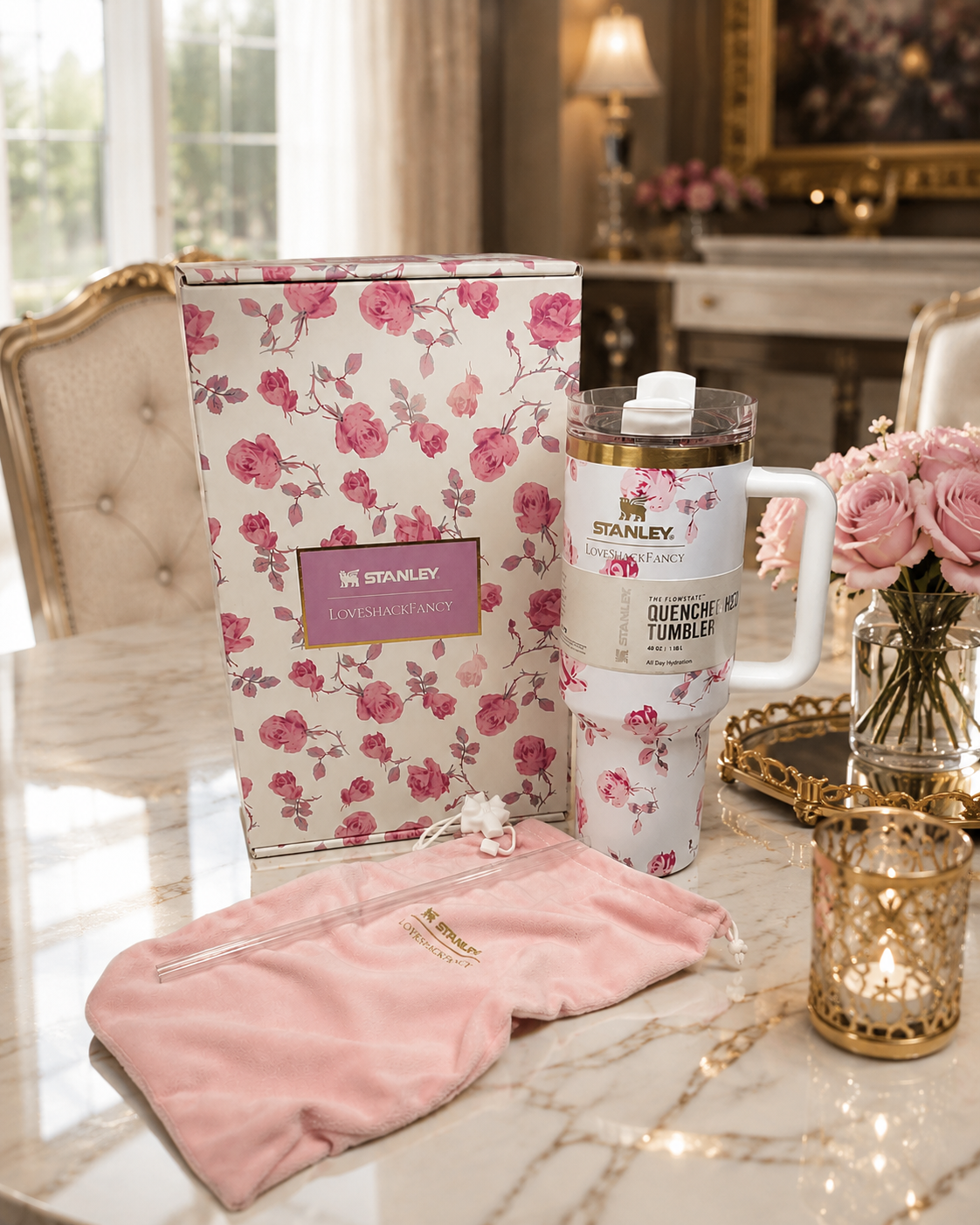Stanley x LoveShackFancy 40 oz Ribbon Rosa FlowState H2.0 Tumbler – White &amp; Pink