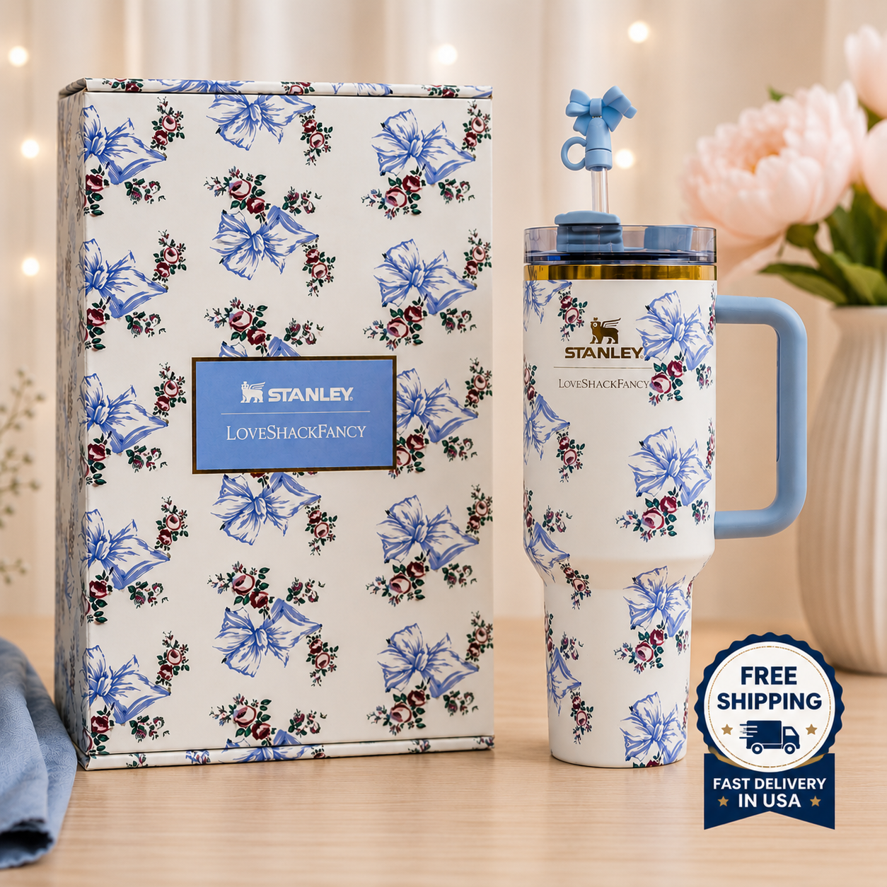 The Stanley X LoveShackFancy Holiday Quencher  40OZ Rosa Beaux Blue