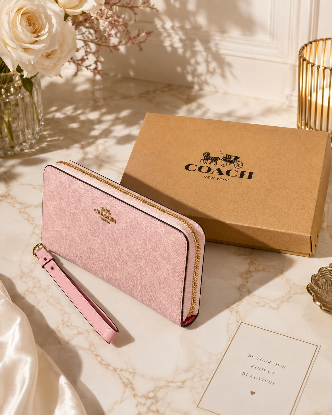 Coach Long Zip Around Wallet Signature Canvas Powder Pink Wristlet 