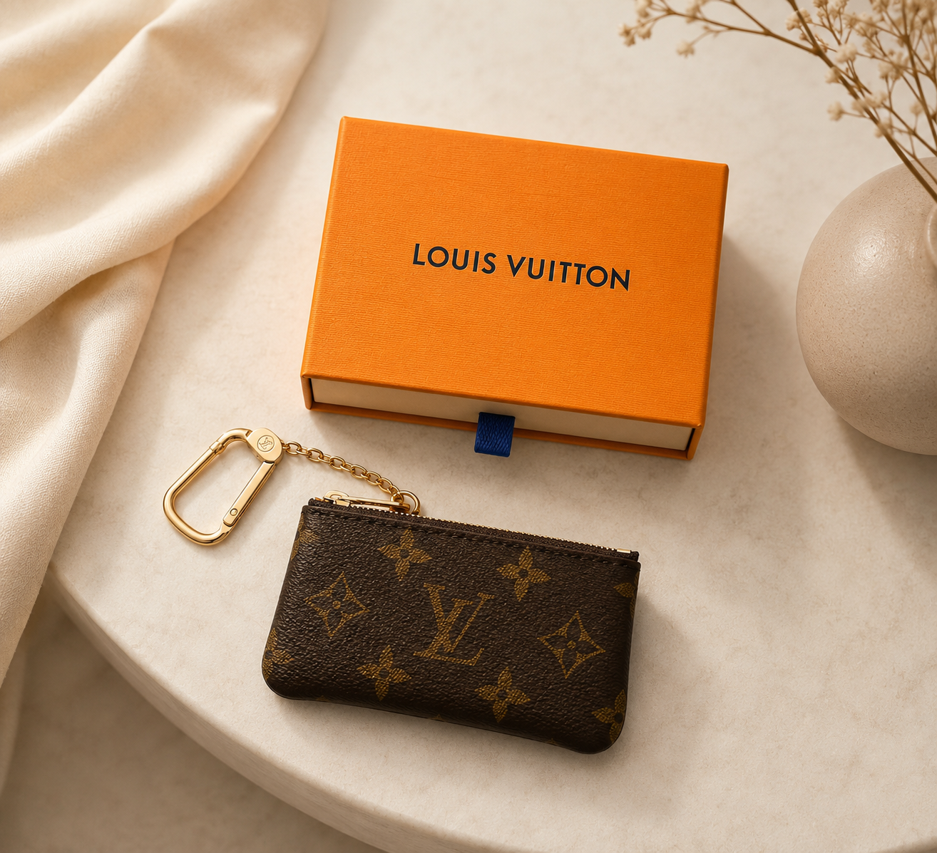Louis Vuitton Monogram Key Pouch Pochette Cles Coin Purse W/Box & Bag