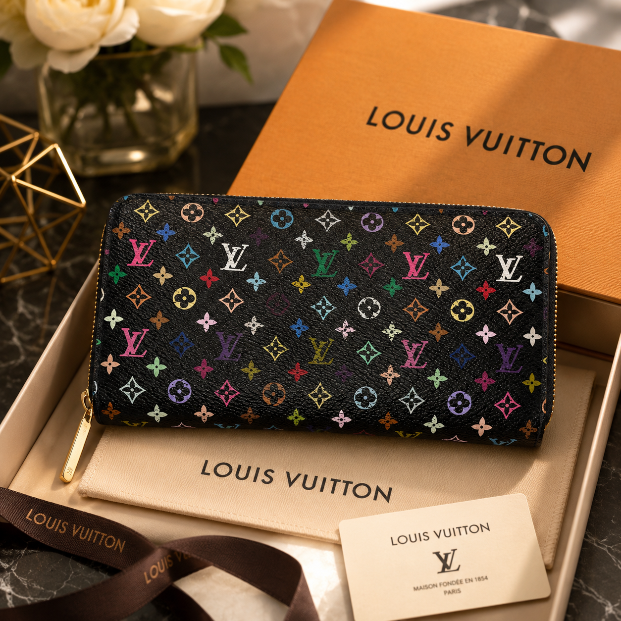 Louis Vuitton Women’s Multicolor Monogram Zip-Around Wallet Black, Card Slots