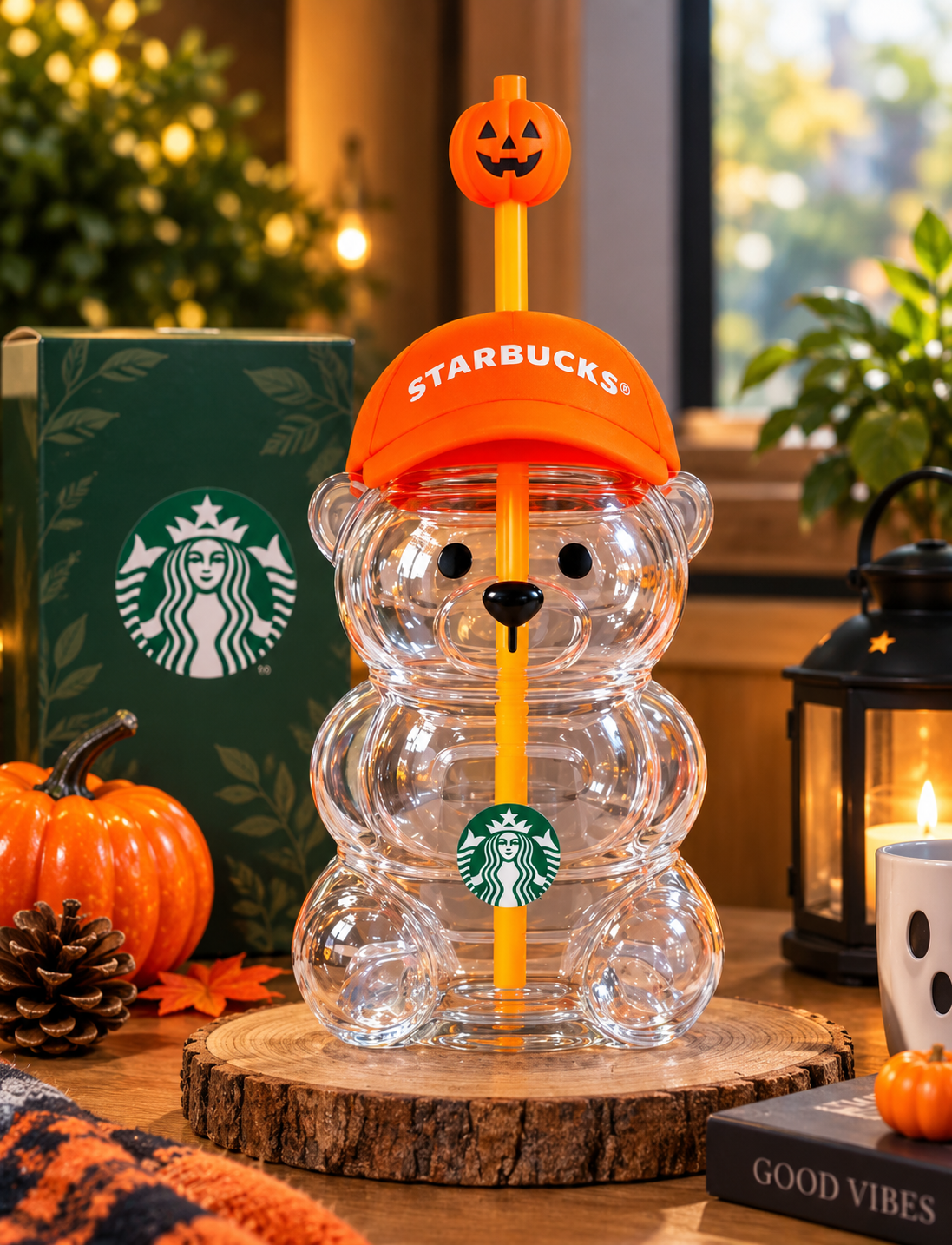 Starbucks Bearista Bear Halloween 20oz Glass Cup – Pumpkin Topper Baseball Cap 🎃🧸